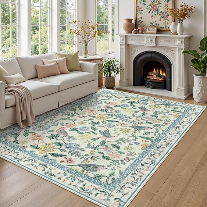 Green Floral 5x7 Area Rug, Washable Non-Slip Boho Rugs for Living Room Low Pile Flower Birds Bedroom Rug, Soft Non-Shedding Botanical Indoor Carpet for Nursery Playroom Dining Room