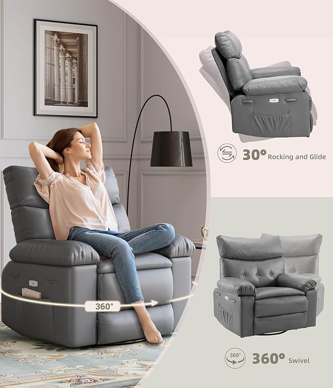 GarveeHome Power Rocker Swivel Recliner Chair - Heat and Massage, PU Leather Electric Glider Rocking Chair with USB Port, Glider Recliner Nursery Chair for Living Room, Bedroom, Nursery