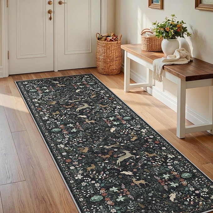 Runner Rug Washable Runners Kitchen Rugs Non Slip Animal Floral Carpet Low Pile for Indoor Hallways Entryway Living Room Bedroom Laundry Soft Mat 2'6''x8' Black