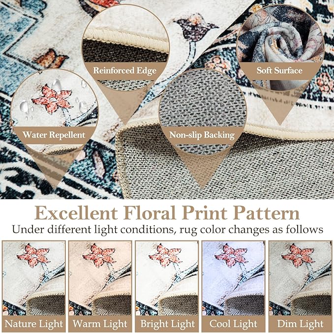 Machine Washable Rugs Nursery Rug 6x9 Cute Girl Non Slip Low Pile Water Repellent Soft Print Pattern for Bedroom Indoor Decor Kids Playroom Bluebeige