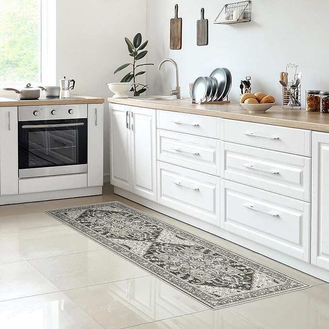 WITSHOCK Boho Area Rugs Machine Washable for Living Room Bedroom, 2x6 Vintage Non-Slip Stain Resistant Floor Carpet Indoor for Bedroom Kitchen Entryway Bathroom, Bitter Black