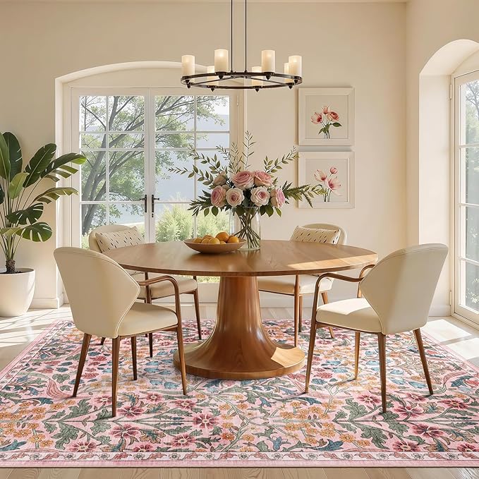 5x7 Washable Area Rug for Living Room, Floral Non-Slip Non-Shedding & Easy Care, Soft Low Pile Forest Boho Indoor Floor Carpet for Living Room, Bedroom, Farmhouse, Dining Room, Kids Playroom, Pink