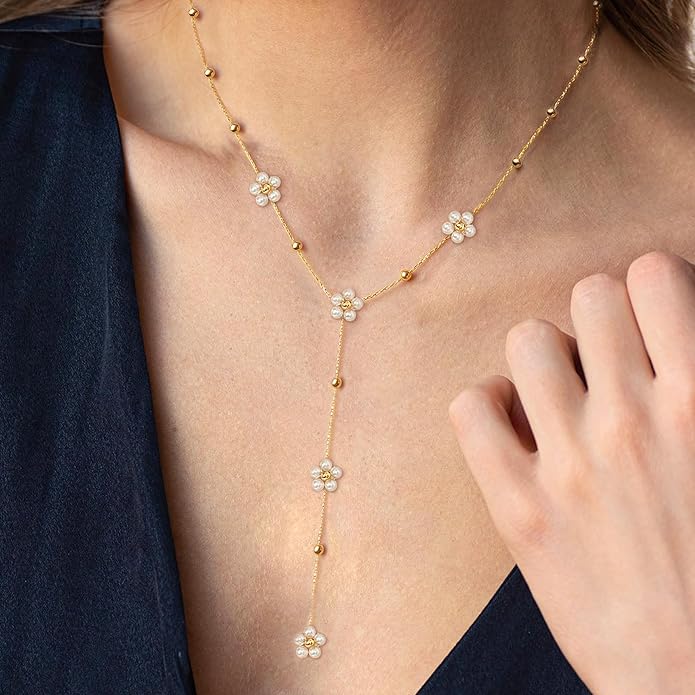 SmileBelle Pearl Necklaces for Women, Daisy Pearl Choker as Christmas Stocking Stuffers for Teens, Silver Daisy Pearls Jewelry Trendy Stuff Birthday Gifts 3 Pearls White Necklace as Wedding Jewelry