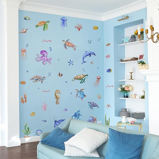9 Sheets Under The Sea Wall Stickers Decals, ULENDIS Ocean Animal Sea Turtle Seaweed Whale Fish Wall Sticker, Removable Marine Themed Wall Decorations for Nursery Bedroom Bathroom Living Room