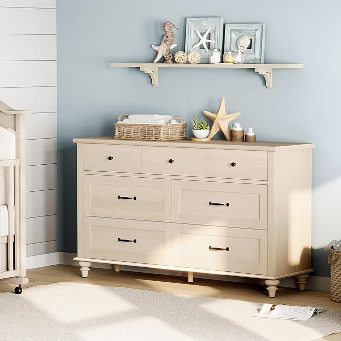WAMPAT 2-in-1 Baby Dresser for Bedroom, Elegant Kids Dresser Wooden Dresser for Kids Room, 7 Drawer Dresser Set Organizer for Children's Bedroom, Nursery Furniture, Beige