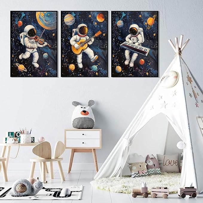 3Pcs Space Astronaut Music Posters Wall Art Cute Astronaut Musician Decor Pictures Funny Piano Guitar Violin Posters Prints for Boys Room Girls Room Kids Room Nursery Decoration Unframed