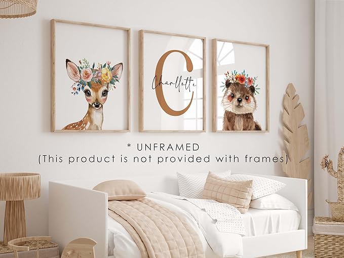 Personalized Flower Woodland Animals for Baby Girl Nursery Bedroom Unframed Poster Prints, Customized Name Cute Animals Wall Art Decor New Baby Girl Gift Present Bear Deer Bunny (11x14, 3 Prints)