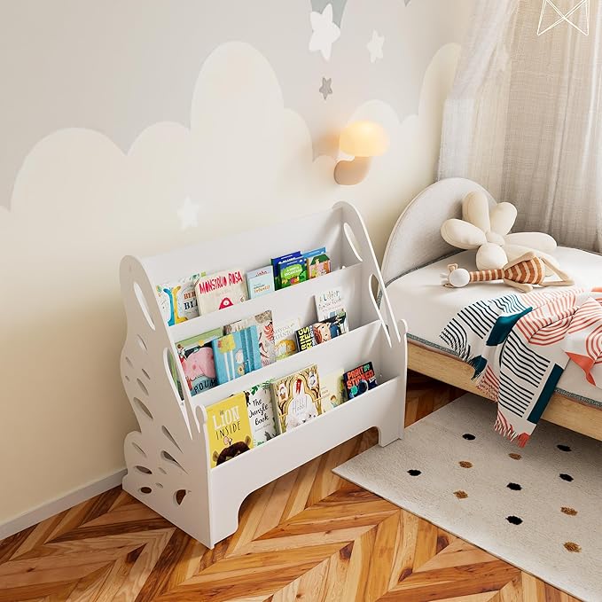 3 Tier Butterfly Kids Bookshelf - Nursery Bookshelf for Storage Organizer, Free Standing Baby Bookcase for Kids Rooms, Children Bookcase for Playing Room, Bedroom, Nursery, Classroom, White.