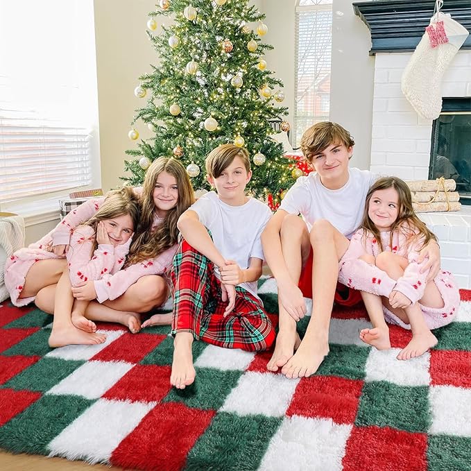 KICMOR Christmas Area Rug for Bedroom Living Room, 4x6 Fluffy Soft Red Green White Checkered Shag Rug Fuzzy Shaggy Bedside Carpet, Indoor Plush Floor Rugs for Kids Boys Girls Room Holiday Home Decor