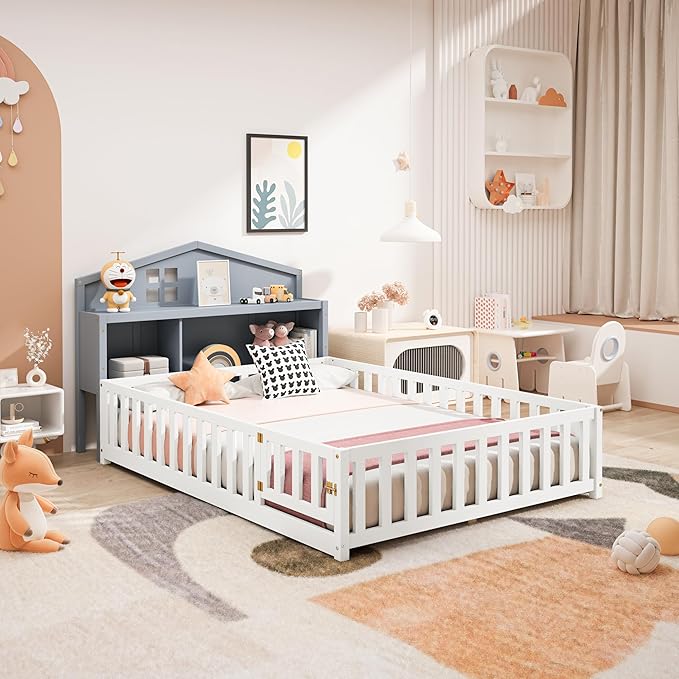 Headboard Storage Cabinet for Full-Size Montessori Floor Bed, Grey,Freely Collocation