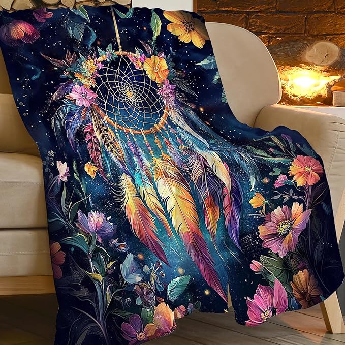 Dream Catcher Blanket Floral Feather Decor Throw Blanket Super Soft Flannel Lightweight Fluffy Plush Cozy Fuzzy Fleece Gifts Blanket for Girl Woman Man Boys Kids Adults for Bed Sofa 40"X50"