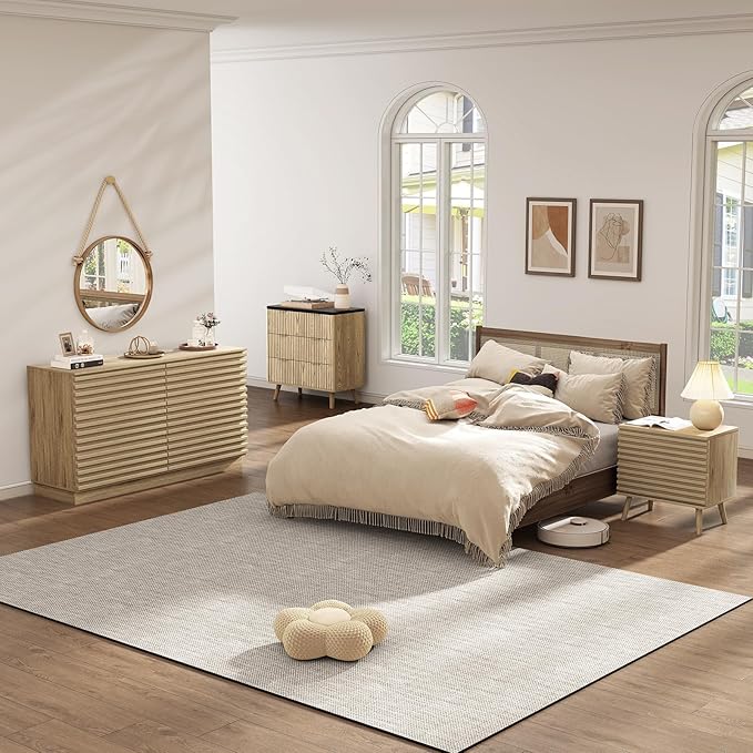 EAG 6 Drawer Dresser for Bedroom, 47" Fluted Storage Cabinet with Drawers, Handleless Design, Modern Wide Dresser TV Stand for Bedroom, Living Room, Hallway, Natural Oak