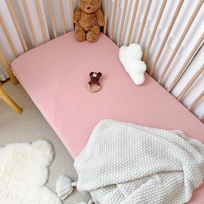 BuLuTu Muslin Mini Crib Sheets 38"x26", 2 Pack, Soft Breathable 2-Layers Gauze Cotton Baby Crib Mattress Sheets, Pack and Play Mattress Sheets Fitted for Pack N Play, Beige & Pink