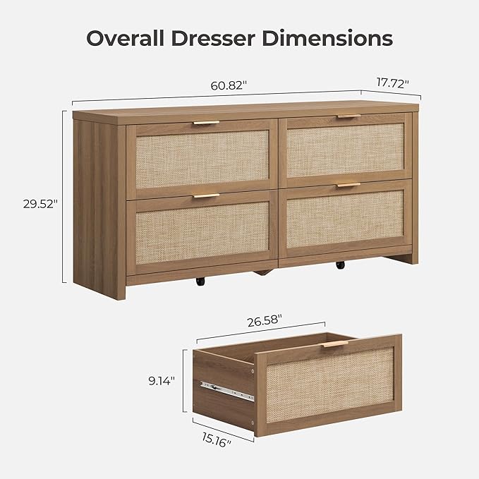 SICOTAS Large Dresser for Bedroom Set 2, Rattan Dressers with 4 Deep Drawers, Long Chest of Drawers for Closet, Farmhouse TV Stand (Reclaimed Caramel Oak, 4 Drawers (2 pcs))