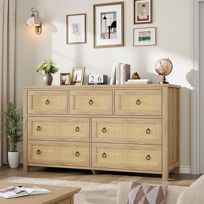 IDEALHOUSE Rattan Dresser for Bedroom with 7 Drawers, 54'' Wide Chest of Drawers with Large Clothes Storage Cabinet, Wood Bedroom Dresser, TV Stand for Nursery, Living Room, Hallway, Oak