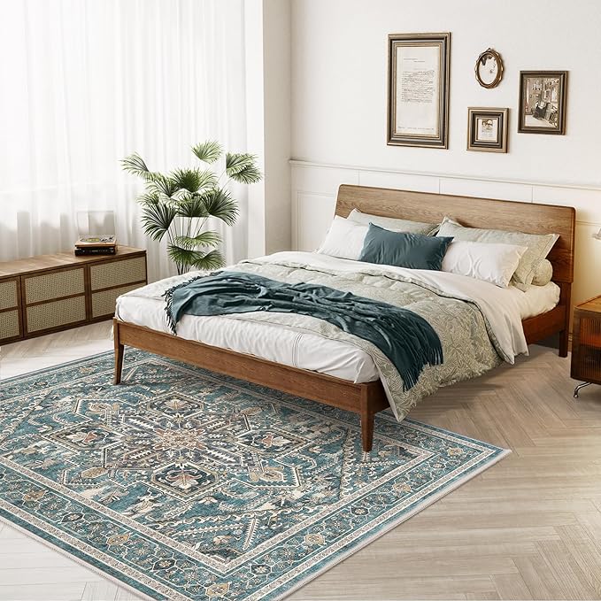 WITSHOCK Living Room Area Rugs 5x7: Washable Rug Boho Soft Non-Slip Low Pile Stain Resistant Foldable Carpet for Bedroom Playroom Dining Room Office Kitchen Farmhouse Home Decor Rug-Dull Teal