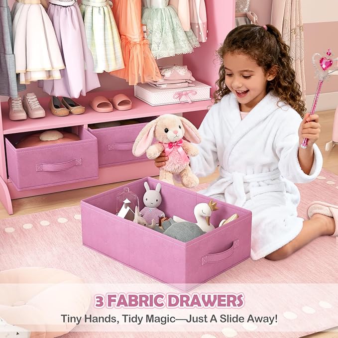 COSVALVE Kids Dress Up Storage with Mirror and Drawers, Kid Armoire Dresser, Pretend Storage Closet for Kids, Costume Wardrobe with Top Shelf for Playroom Bedroom, Lovely Pink