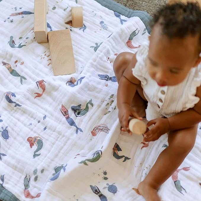 Little Unicorn Newborn Receiving Quilt | Ultra- Soft, Multi-Layered Muslin Fabric | Gift for Newborns & on-The-go (Mermaids)