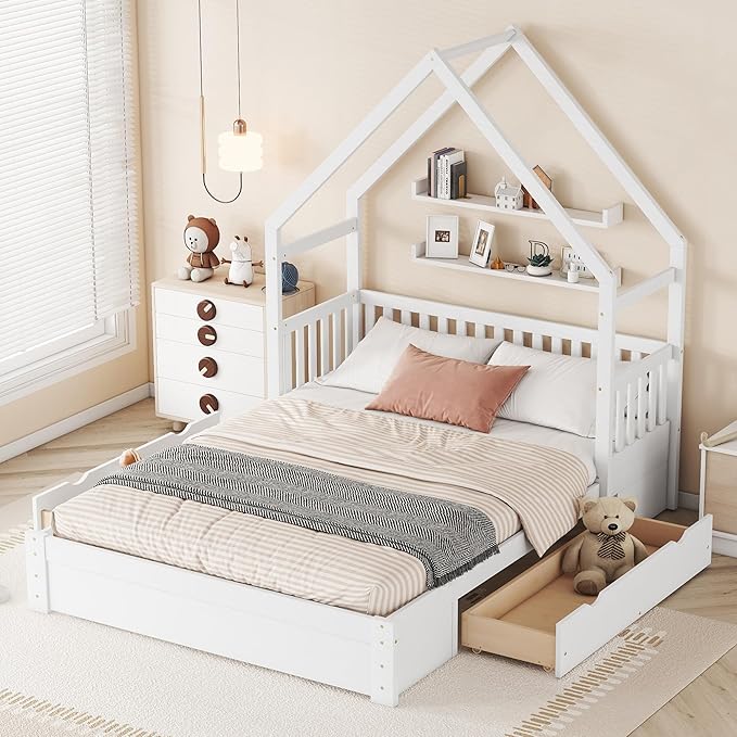 SOFTSEA Queen Size Wood House Platform Bed with 2 Drawer, Low House Bed with Drawers Queen Size Floor Platform Bed with Drawers, Wood Bed Frame with Guardrails and Roof, White
