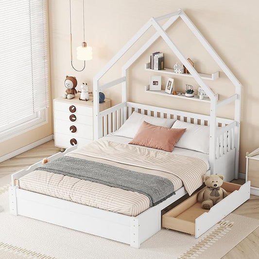 SOFTSEA Queen Size Wood House Platform Bed with 2 Drawer, Low House Bed with Drawers Queen Size Floor Platform Bed with Drawers, Wood Bed Frame with Guardrails and Roof, White