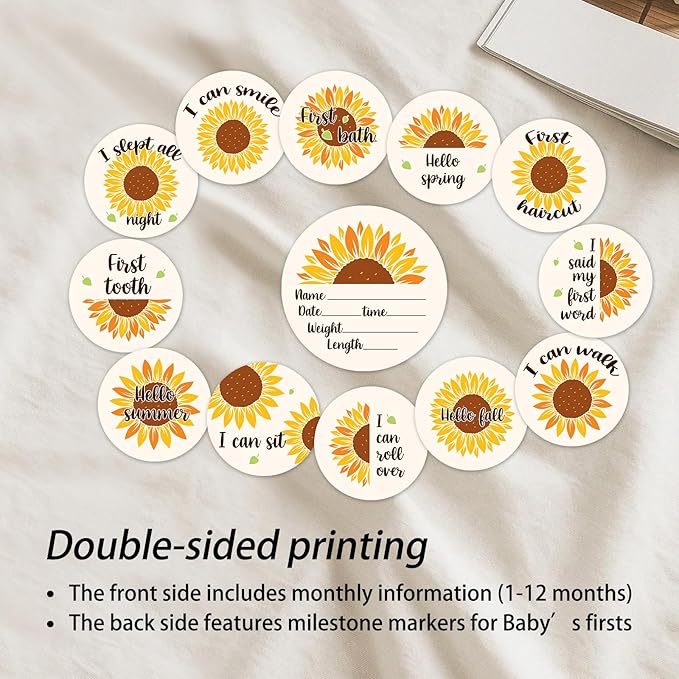 Baby Monthly Milestone Cards Sign - 13Pcs Double Sided Sunflower Milestone Markers, Flower Pattern Wooden Circles Discs Newborn Announcement Marker, Baby Shower Newborn Sign Photo Cards Gift Set