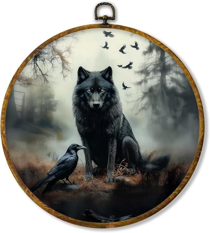 Hiuwevt Dark Academia Misty Black Wolf Raven Round Wall Art Decor, Mystical Gothic Framed Canvas Prints, Moody Wildlife Animal Round Wall Hanging Decor for Bedroom Home Decorations, 10x10 Inches