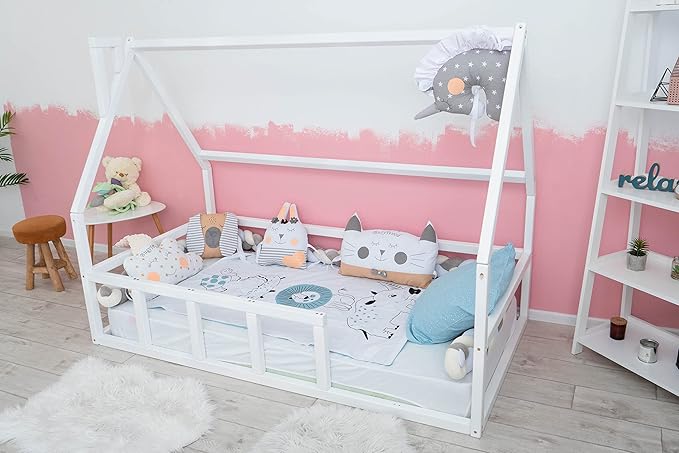 BUSY WOOD Montessori Floor Bed for Toddlers - Loft Bed - Twin Bed for Toddlers - Full Bed Floor - Kids Bed with Railings - Montessori Bed Frame - Montessori Bed - Platform Bed (Model 1)