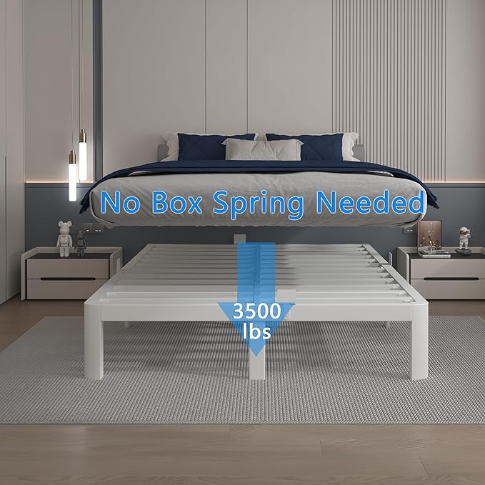 10 Inch White King Size Bed Frame, Metal King Bed Frame with Baffles, No Box Spring Needed, Heavy Duty Steel Platform Support, Rounded Corner Legs, Reserved Holes, Noise Free, Storage Space