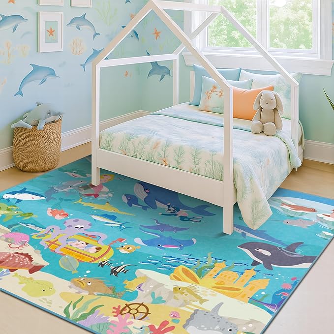 Large Blue Ocean Rug for Kids Room – 8x10 Play Mat with Mermaid & Fish, Washable Non Slip Fun Crawling Carpet for Classroom Elementory, Playroom or Beach Rugs for Bedroom