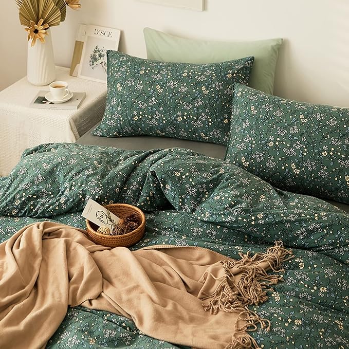 HighBuy Jersey Knit Cotton Duvet Cover Twin XL Green Floral Bedding Set 100% T-Shirt Comfy Bedding Sets Super Soft Garden Chic Knit Cotton Comforter Cover Twin XL Size