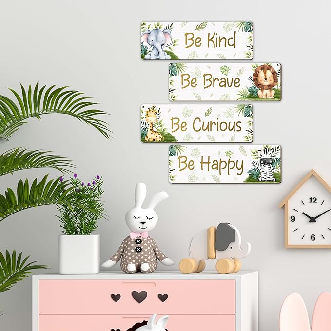 Woodland Nursery Decor, Jungle Safari Animals Boysroom Wall Sign Art, Motivational Bedroom Decorations for Kids Boys, 4 Pieces Wood Sign, 3.9x11.8 In-A04
