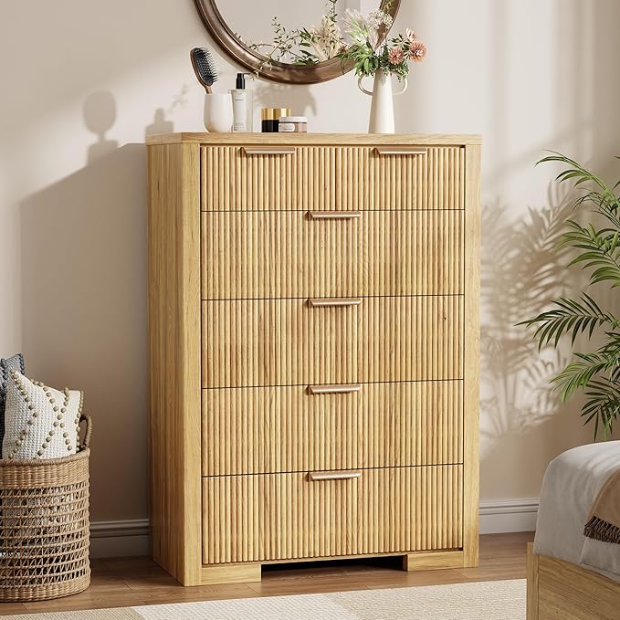Fluted Dresser for Bedroom, 45" Tall Modern Chest of Drawers with 6 Drawers, Wood Closet Clothes Storage Organizer for Living Room, Wooden Dresser for Hallway, Natural Oak