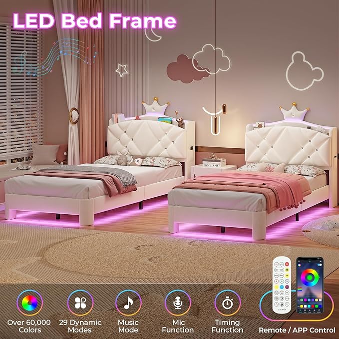 MSmask Twin Bed Frame with LED Lights, Princess Upholstered Bed with Headboard with Charging Station & Crystal Button & Crown, Velvet Platform Bed for Girls, Solid Wood Slats, Curved Legs, White