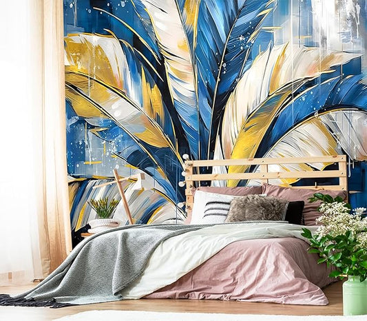 XMPMBM-Gold Abstraction Art Banana Leaf backsplash Large Decorative Wallpaper Graffiti Leaf Bedroom Bathroom Wall Mural- W 88" X H 59"（36 Square Foot）
