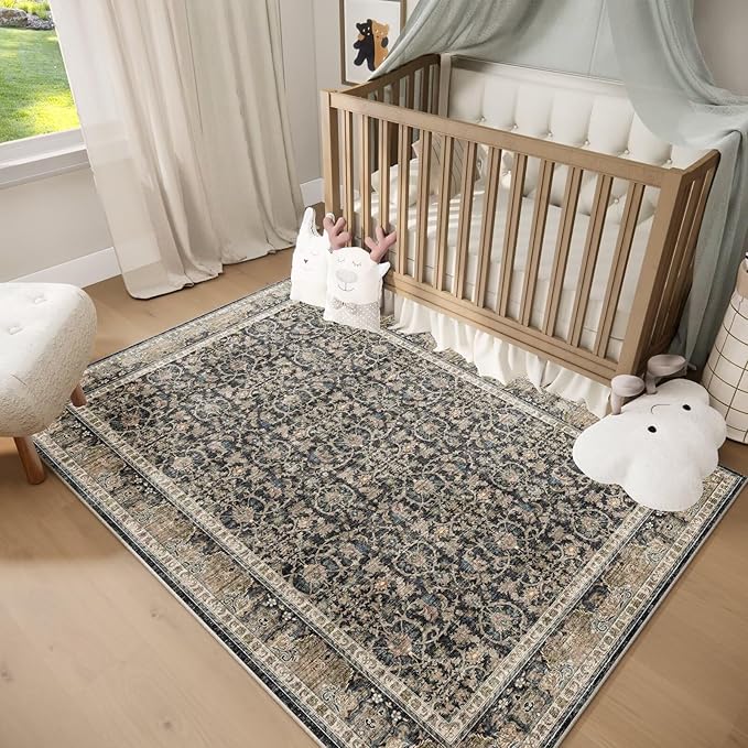 Washable 2x3 Entryway Rug, Boho Non-Slip Door Mat Vintage Distress Small Rugs for Kitchen Nursery Office Bedroom, 0.3" Neutral Oriental Throw Carpet with Cushioning Pad, Cream/Blue/Orange/Multi