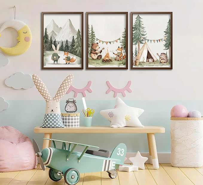 Woodland Animal Nursery Canvas Wall Art Fox Bear Rabbit Hedgehog Paintings Pictures Safari Nursery Wall Decor Forest Animals Camping Campfire Poster Print Artwork for Boys Kids Room Home Decoration