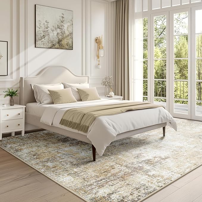 Washable Area Rugs 5'x8' Non-Slip Modern Abstract Soft for Living Room Entryway Bedroom Nursery, Print Pattern, Neutral Brown Gray