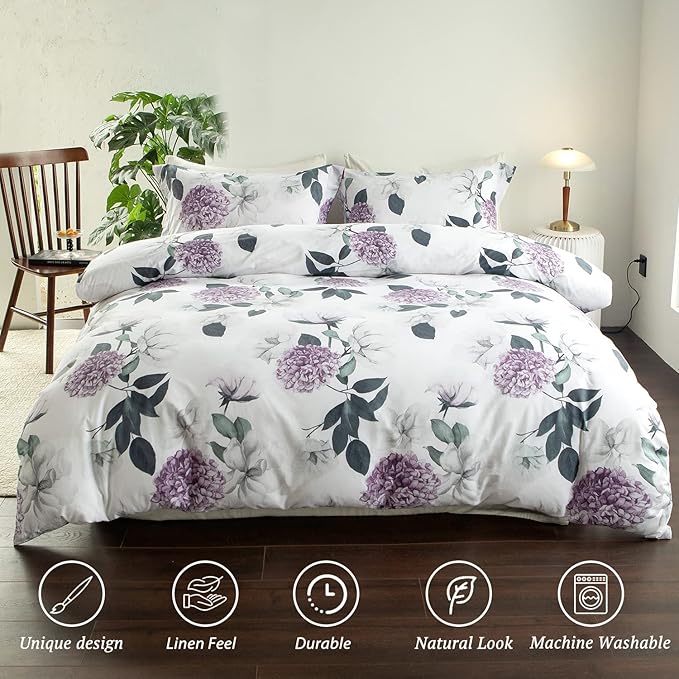 MILDLY 100% Washed Cotton Duvet Cover - Hydrangea Floral Comforter Cover Set Botanical Flower Pattern Bedding Set with Zipper Closure 4 Ties Full Size