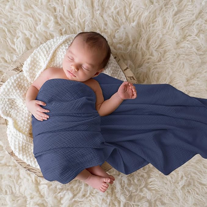 Bearmoss Muslin Swaddle Blankets, 40 x 38 inches Baby Swaddle for Boys and Girls, Soft Baby Blanket, 3 Pack Breathable Nursery Receiving Blankets (Bluemoon)