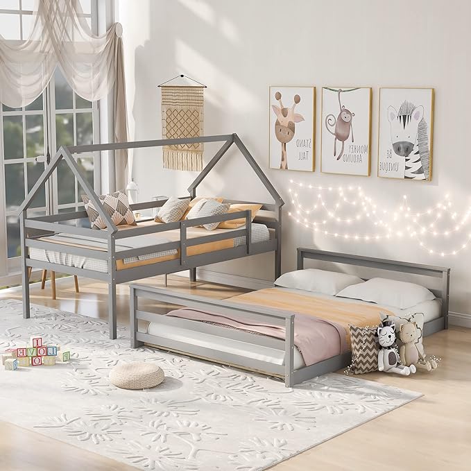 MERITLINE House Shaped Bunk Bed Twin Over Full Size Wood Bunk Bed Frame Low Bunk Beds for Kids, Twin Over Full,Grey