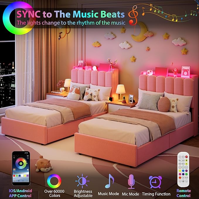 Garvee LED Twin Size Bed Frame with Storage Headboard, Kids Bed Frame with 2 Drawers, Boucle Upholstered Platform Bed for Girls, Chic Wavy Headboard with Bookcase, No Box Spring Needed, Pink