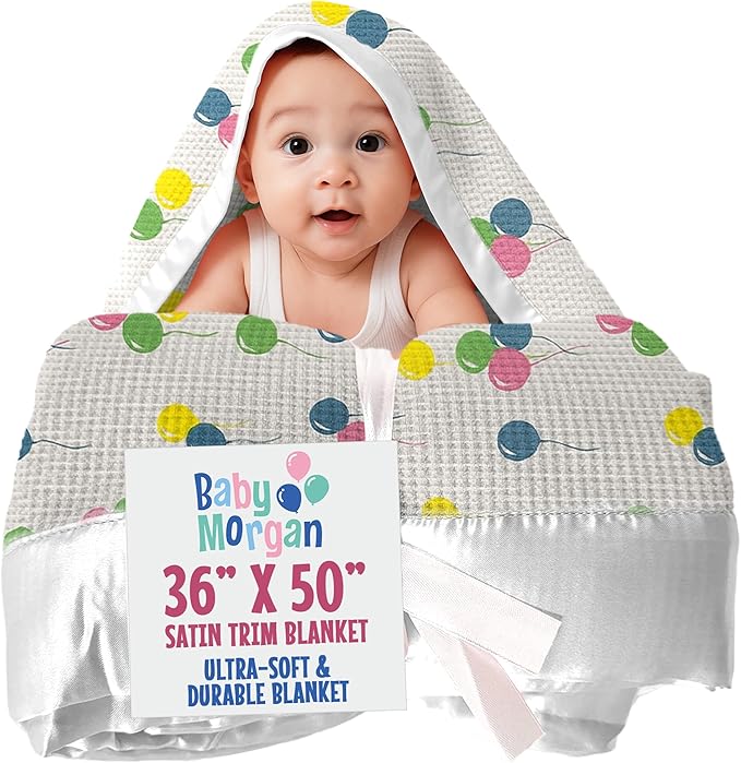 Blankets Thermal Waffle Baby Blanket Crib Bedding - Soft Cozy Warm Infant Thermal Cover for Nursery Stroller or Bassinet, Lightweight Ideal Shower Gift Satin Trim Balloon Pattern 36" x 50"