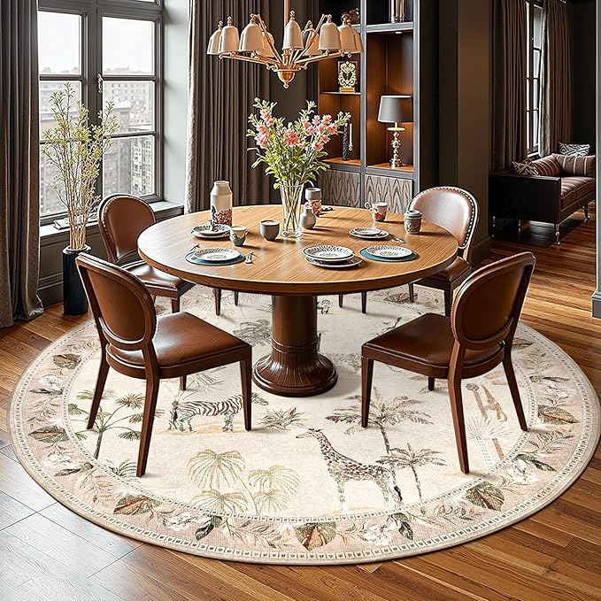 jinchan Round Rug 7ft Beige Jungle Animals Print Living Room, Machine Washable 7' Circle Modern Soft Non-Slip Forest Plant Kids Room Throw Area Rug, Low Pile Carpet for Dining Room Bedroom Playroom