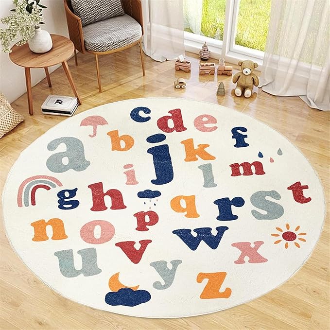 ABC Round Rug,3ft,Children's Educational Learning Area Rug, Colorful Alphabet Kindergarten Area Rug, Soft Fluffy Faux Cashmere Baby Crawling Mat for Living Room, Bedroom, Children's Room