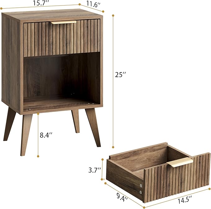 Fluted Night Stand with Opening Storage,Mid Century Bedside Table with Drawer,Wood Nightstand with Solid Wood Legs,End Table Side Table for Living Room,Bedroom,Caramel Oak CTG56BR