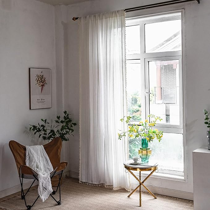 Deeprove Boho Curtain 84 Inches Long, Cotton Linen Nordic Scandinavian Style White Stripes Embroidery Shabby Chic Hollow Geometric, Semi Blackout Window Vintage Drape Tassels, 1 Panel W52 x L84