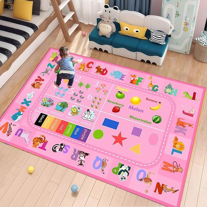 5x7ft Kids Rug for Playroom Alphabet, Numbers, Colors, Season and Animal Words Shape, Playmat Pink Rug for Toddlers Nursery Girls Room Thin Durable Washable Floor Mats