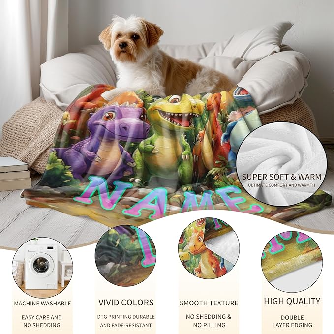 Ship Next Day, Custom Dinosaur Blanket - Printed in USA, Personalized Blankets with Name, Gift for Kids Boys Girls, Unique Present for Birthday, Christmas, Educational Blankets for Children
