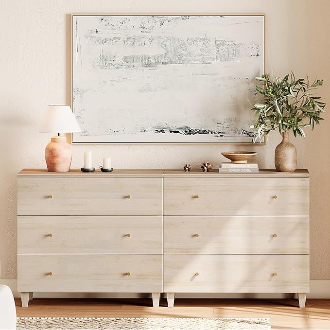 WAMPAT 6-Drawer Kids Dresser for Bedroom, 2-in-1 Modern Large Chest of Drawers with Gold Knobs, 71 Inch Wide Light Oak Wood Children Dresser for Baby Room, Nursery