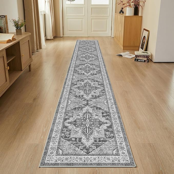 WITSHOCK Extra Long Runner Rug for Hallway 2x15: Washable Vintage Boho Low Pile Stain Resistant Foldable Carpet for Bedroom Entryway Indoor Entrance, Neutral Distressed Farmhouse Home Decor, Grey